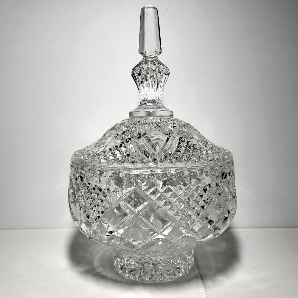 Vintage Bohemian Cut Glass Bonbonniere Dish With Lid (9" Tall)
